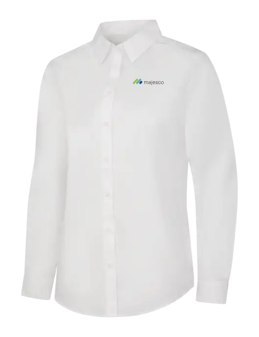 Womens White Long Sleeve Carefree Poplin Shirt w/Majesco Logo