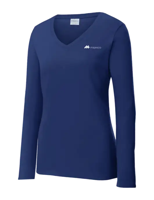 Womens  V-Neck Ring Spun Navy 4.5 oz Long Sleeve T-Shirt w/Majesco Logo