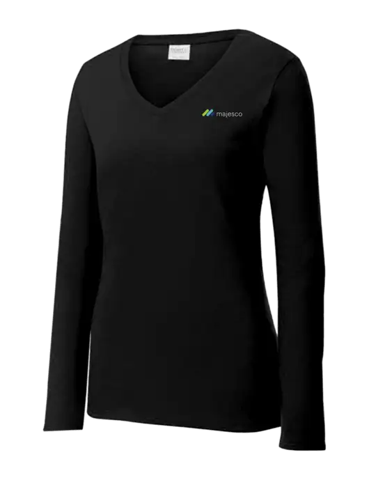 Womens V-Neck Ring Spun Jet Black 4.5 oz Long Sleeve T-Shirt w/Majesco Logo