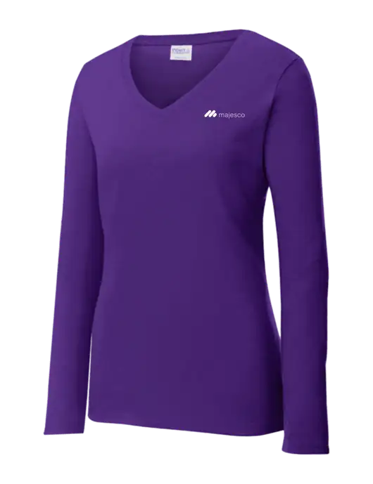 Womens  V-Neck Ring Spun Purple 4.5 oz Long Sleeve T-Shirt w/Majesco Logo