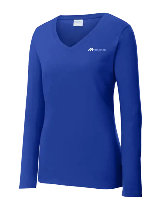 Womens  V-Neck Ring Spun Royal 4.5 oz Long Sleeve T-Shirt w/Majesco Logo