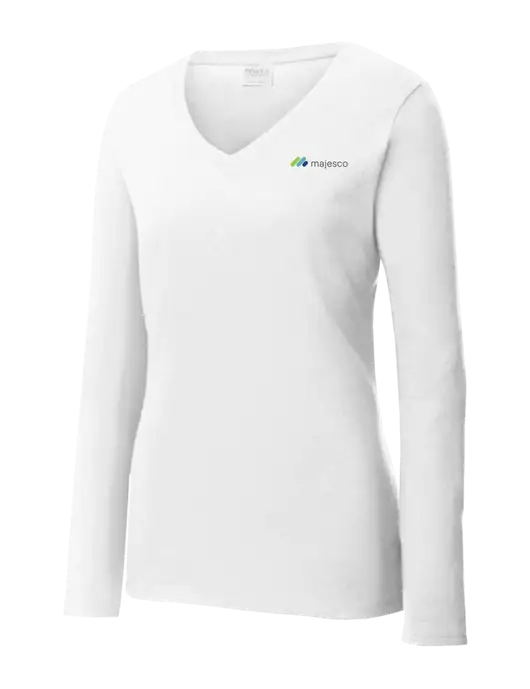 Womens  V-Neck Ring Spun White 4.5 oz Long Sleeve T-Shirt w/Majesco Logo