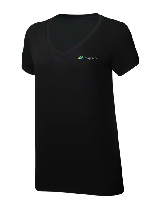 Womens Simply Soft V-Neck Black 4.5oz  Poly/Combed Ring Spun Cotton T-Shirt w/Majesco Logo