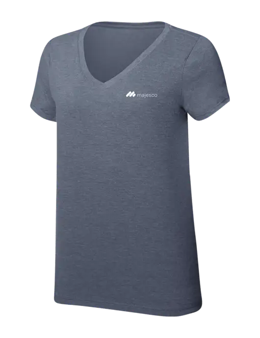 Womens Simply Soft V-Neck Navy Frost 4.5oz  Poly/Combed Ring Spun Cotton T-Shirt w/Majesco Logo