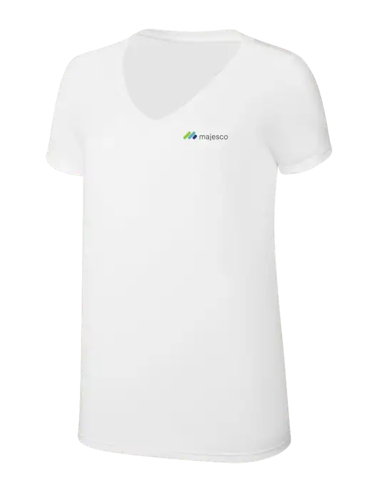Womens Simply Soft V-Neck White 4.5oz  Poly/Combed Ring Spun Cotton T-Shirt w/Majesco Logo