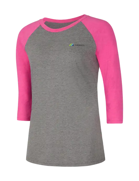 Womens Simply Soft 3/4 Sleeve Fuchsia Frost/Grey Frost Ring Spun Cotton T-Shirt w/Majesco Logo