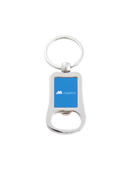 Silver & Blue Bottle Opener Keychain w/Majesco Logo