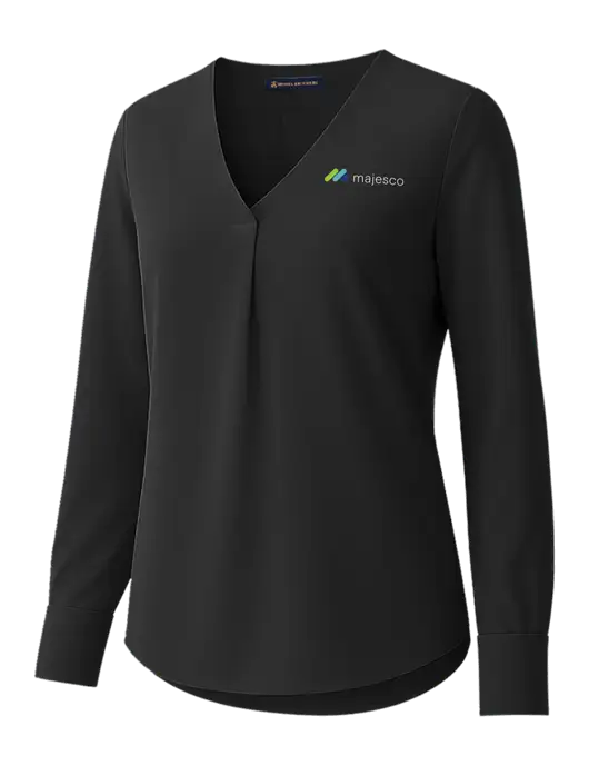 Brooks Brothers Womens Black Open-Neck Satin Blouse  w/Majesco Logo