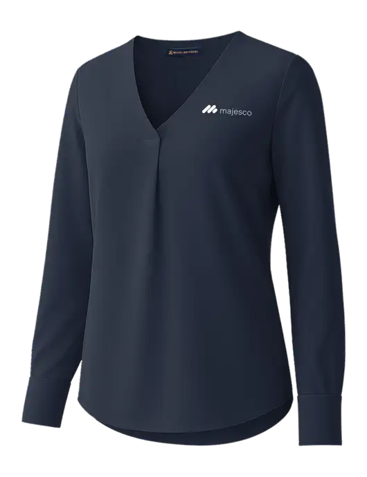 Brooks Brothers Womens Dark Navy Open-Neck Satin Blouse  w/Majesco Logo