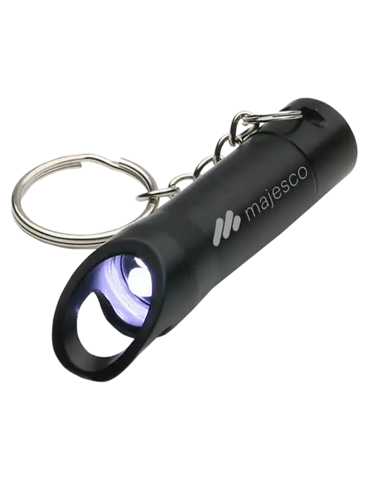 Black Pocket LED Flashlight with Bottle Opener & Keychain w/Majesco Logo