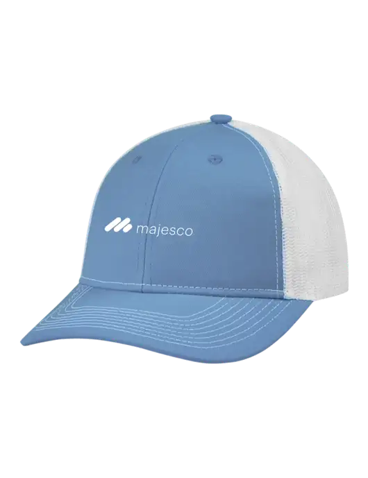 Snapback Ponytail Trucker Cap Carolina Blue w/White Mesh w/Majesco Logo