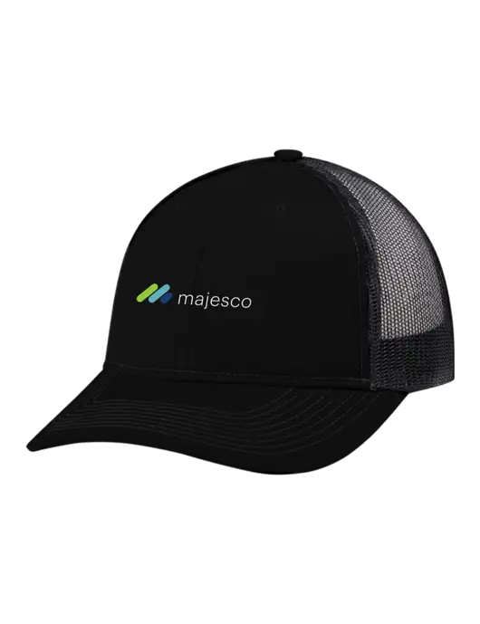 Snapback Ponytail Trucker Cap Black w/Black Mesh w/Majesco Logo