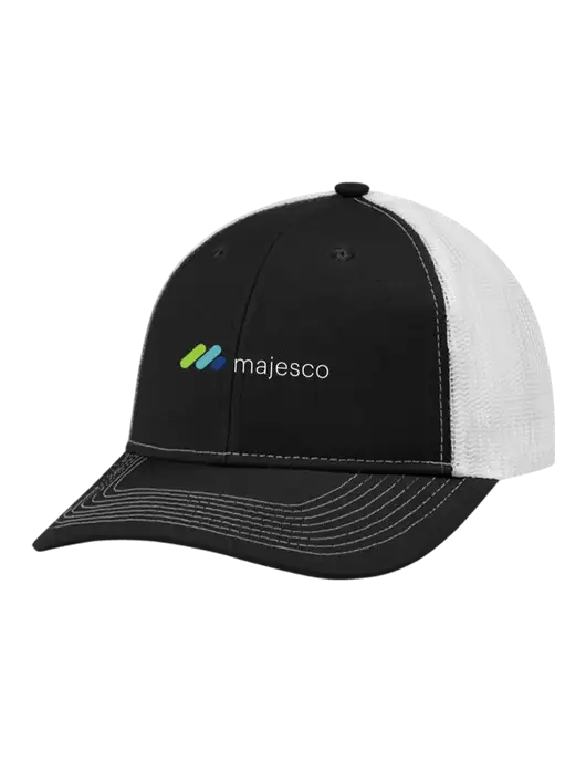 Snapback Ponytail Trucker Cap Black w/White Mesh w/Majesco Logo