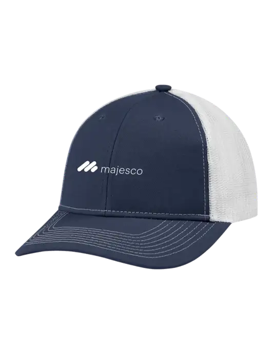 Snapback Ponytail Trucker Cap Navy w/White Mesh w/Majesco Logo
