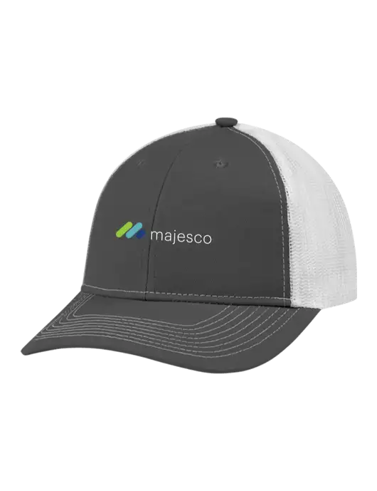 Snapback Ponytail Trucker Cap Dark Grey w/White Mesh w/Majesco Logo