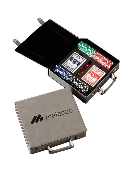 Grey Leatherette 100 Chip Poker Set w/Majesco Logo